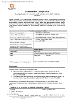 Statement of Compliance - Cyber Security Rules - Lemaar Deadbolt